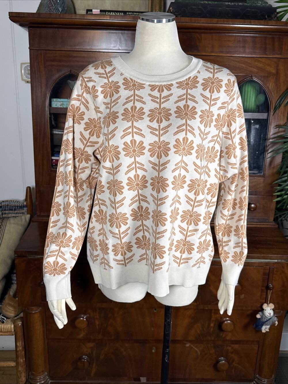 Adrianna Papell 2X Sweater Floral Jacquard Knit Crewneck Cream Copper Plus Size